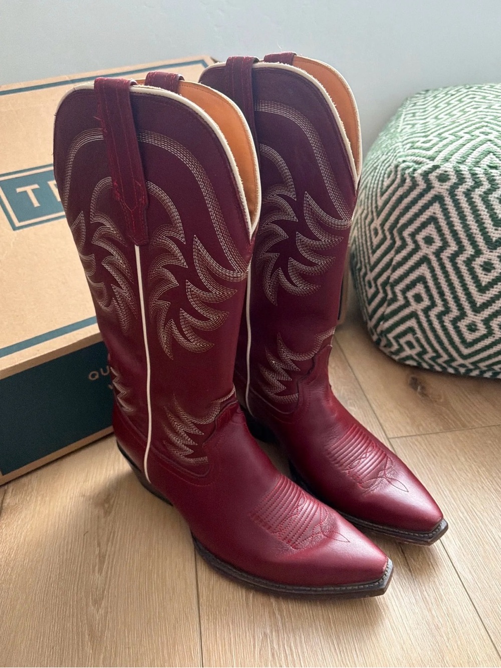 Tecovas Maroon Leather Western Boots with Cream Piping